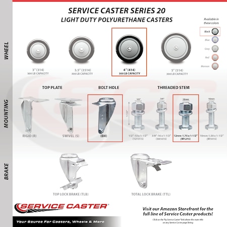 Service Caster 4 Inch Black Polyurethane Wheel Swivel 12mm Threaded Stem Caster SCC SCC-TS20S414-PPUB-BLK-M1215